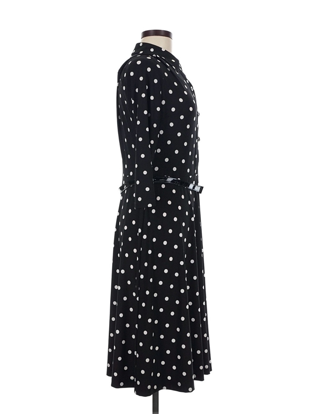 Evan-Picone Black White Polka Dot Midi Dress Belt 3/4 Sleeve Size 8 - Picture 8 of 11